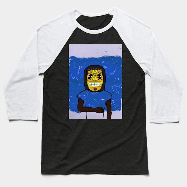 Cryptocurrency-Themed Bitcoin Digital Collectible - Character with FemaleMask, AfricanEye Color, and DarkSkin on TeePublic Baseball T-Shirt by Hashed Art